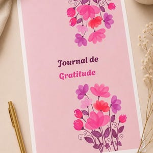 May include: A rectangular journal with a light pink cover featuring dark purple text that reads Journal de Gratitude. The cover is decorated with two clusters of watercolor-style flowers in shades of pink, magenta, and purple with dark purple stems.