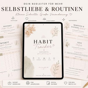Könnte beinhalten: Ein digitaler Habit Tracker auf einem Tablet, umgeben von gedruckten Habit Tracker Blättern, einer Kerze und einer Tasse Kaffee. Der Tablet-Bildschirm zeigt "HABIT Tracker" mit floralen Akzenten. Die Ästhetik ist minimalistisch und beruhigend, mit Fokus auf Selbstpflege und Routine.