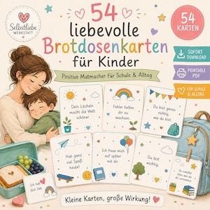 Könnte beinhalten: Illustrierte Darstellung einer Mutter, die ein Kind umarmt, mit einer Brotdose und einem Rucksack. Das Bild enthält Karten mit positiven Affirmationen auf Deutsch, wie "Dein Lächeln macht die Welt schöner." und "Du bist genau richtig, wie du bist."