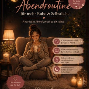 Könnte beinhalten: Ein illustriertes Poster mit dem Text "Deine Abendroutine" und "für mehr Ruhe & Selbstliebe." Eine Frau sitzt in einem gemütlichen Sessel und hält eine Tasse. Das Poster wirbt mit Icons und Text in deutscher Sprache für Entspannung und Selbstfürsorge.