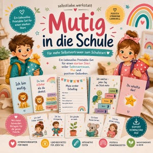 Könnte beinhalten: Ein farbenfrohes Printable-Set für Kinder mit Affirmationen, Lunchbox-Notizen und interaktiven Seiten. Das Design umfasst Illustrationen von Kindern, Tieren und motivierenden Sätzen. Das Set soll das Selbstvertrauen stärken.