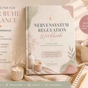 Puede incluir: Un libro de ejercicios de tapa dura titulado Nervensystem Regulation Workbook con una cubierta de tonos suaves que presenta formas abstractas, un icono de sol y luna e ilustraciones botánicas. El texto incluye detalles sobre 25 Seiten y ejercicios.