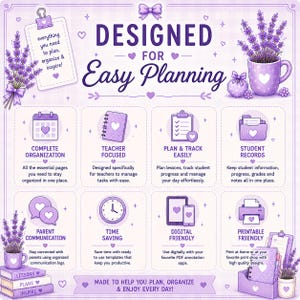 以下が含まれることがあります： 「DESIGNED FOR Easy Planning」と題された紫色のインフォグラフィック。ラベンダーのイラスト、テキストが書かれたクリップボード、整理、教師のタスク、生徒の記録、デジタルや印刷可能な計画ツールを表す8つのアイコンが配置されています。