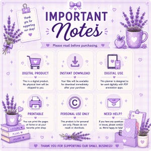 以下が含まれることがあります： ラベンダーのイラストが描かれた紫色のデジタル情報シート「IMPORTANT Notes」。デジタル製品、即時ダウンロード、デジタル使用、印刷可能、個人使用のみ、ヘルプのセクションがあり、アイコンとテキストで構成されています。