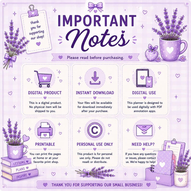 以下が含まれることがあります： ラベンダーのイラストが描かれた紫色のデジタル情報シート「IMPORTANT Notes」。デジタル製品、即時ダウンロード、デジタル使用、印刷可能、個人使用のみ、ヘルプのセクションがあり、アイコンとテキストで構成されています。