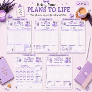 以下が含まれることがあります： ラベンダーのイラストと「Bring Your PLANS TO LIFE」の文字が描かれた、紫色の教師用プランナーページ5枚セット。出席トラッカー、成績トラッカー、保護者連絡ログ、座席表、生徒名簿が含まれており、すべて印刷可能なデザインです。