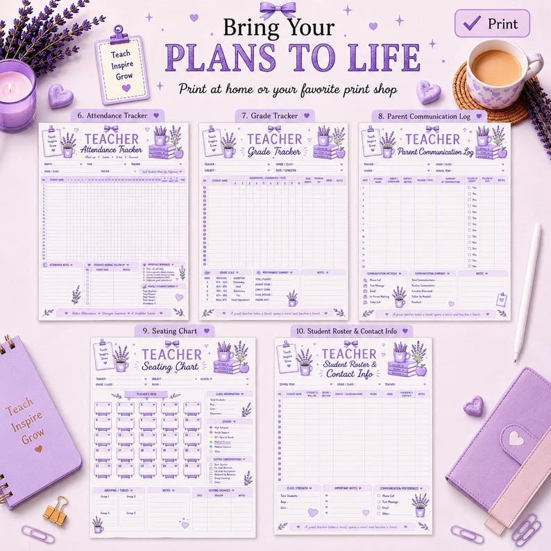 以下が含まれることがあります： ラベンダーのイラストと「Bring Your PLANS TO LIFE」の文字が描かれた、紫色の教師用プランナーページ5枚セット。出席トラッカー、成績トラッカー、保護者連絡ログ、座席表、生徒名簿が含まれており、すべて印刷可能なデザインです。
