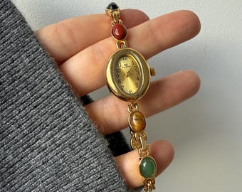 Vintage gouden dameshorloge | Armband met natuurlijke stenen | Cadeau voor haar