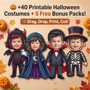 Peut inclure: Un ensemble de costumes d'Halloween imprimables avec quatre personnages de dessin animé et des découpes pour les visages. Le texte indique : +40 Printable Halloween Costumes + 5 Free Bonus Packs! Drag, Drop, Print, Cut! Les personnages incluent un diable, un magicien, un vampire et un squelette.