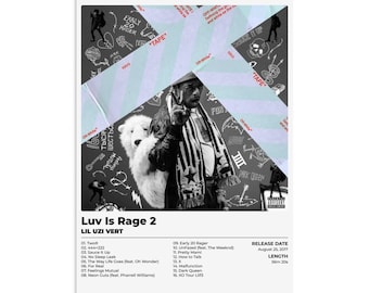 Può includere: Un poster per l'album di Lil Uzi Vert, "Luv Is Rage 2", con l'artista, un cane bianco e un design a nastro Off-White. La tracklist dell'album e i dettagli di rilascio sono elencati a destra. Il poster è prevalentemente in bianco e nero.