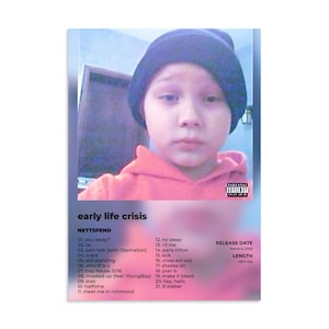 May include: A poster with a blurred background features a person wearing a beanie and a pink hoodie. The poster is titled "early life crisis" by NETTSPEND, with a tracklist and release information. The release date is March 6, 2026, and the length is 60m 40s.