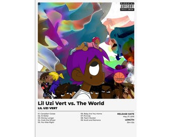 Può includere: Un poster con la copertina dell'album Lil Uzi Vert vs. The World. L'artwork include una rappresentazione a cartoni animati di Lil Uzi Vert con i capelli viola, su uno sfondo astratto e colorato. Il titolo dell'album e la tracklist sono anch'essi visibili.