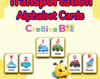 Transportation Alphabet Flashcards, A-Z Vehicle Learning Cards (PDF Download)