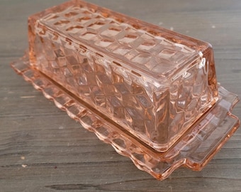 Vtg Pink Pressed Depression Glass Covered Butter Dish diamond cut