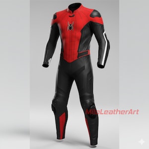 May include: A black and red motorcycle suit with a high collar and a spider emblem on the chest. The suit features white stripes on the arms and red accents on the legs.