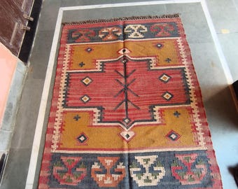 Kilim Rug, Bohemian Indian Jute Rug, Moroccan Rug, Handwoven Wool Jute Rug, Boho Jute Rug Southwestern Nordic Kilim Rug, Turkish Kilim