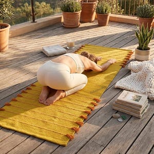 Puede incluir: Una persona en postura de yoga sobre una esterilla amarilla con borlas naranjas. La esterilla est&aacute; sobre una terraza de madera con plantas en macetas y vistas al paisaje. Una manta blanca y libros est&aacute;n cerca.