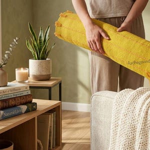 Puede incluir: Una alfombra amarilla enrollada con un dise&ntilde;o texturizado es sostenida. La alfombra tiene flecos en los extremos. La escena incluye una sala de estar con una ventana, un sof&aacute;, libros y una planta en maceta.