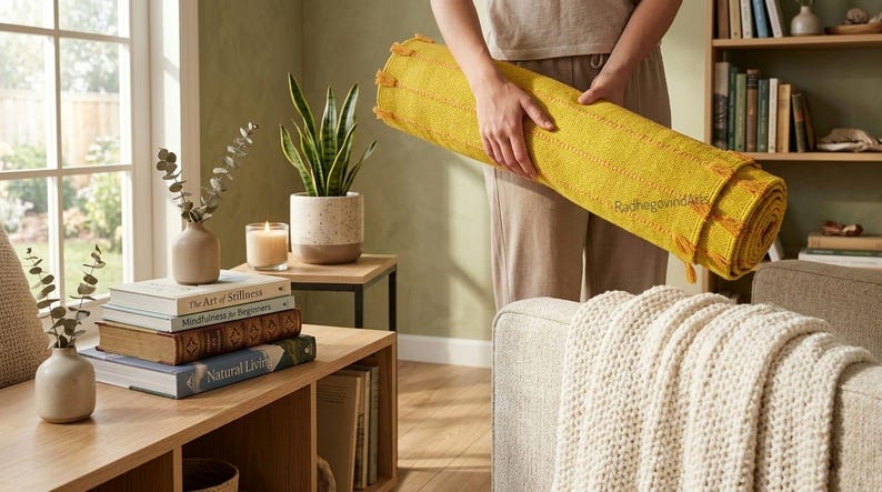 Puede incluir: Una alfombra amarilla enrollada con un dise&ntilde;o texturizado es sostenida. La alfombra tiene flecos en los extremos. La escena incluye una sala de estar con una ventana, un sof&aacute;, libros y una planta en maceta.