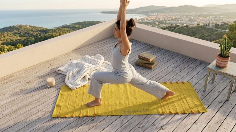 Puede incluir: Una persona con un atuendo de yoga gris practica una estocada en una esterilla de yoga amarilla al aire libre. La esterilla est&aacute; sobre una terraza de madera con vistas al mar y a una ciudad. Una manta blanca, libros y una vela est&aacute;n cerca.
