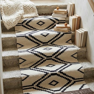 Handvävd ulljute kelimmatta, modern geometrisk design dhurriematta, vintage sydvästlig löparmatta