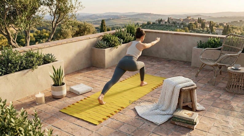 Puede incluir: Una persona haciendo yoga sobre una esterilla amarilla al aire libre. La esterilla est&aacute; sobre un patio de ladrillo con vistas a una ciudad lejana. Hay una vela, una planta en maceta, una toalla, un taburete de madera, una manta y una silla de mimbre.