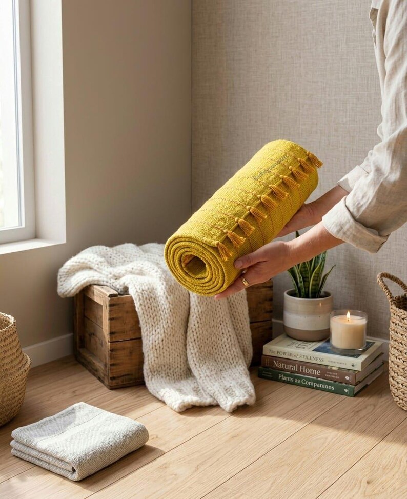 Puede incluir: Una alfombra amarilla enrollada con borlas se muestra. Una manta blanca de punto est&aacute; sobre una caja de madera. Una toalla gris doblada est&aacute; en el suelo. Una vela y libros est&aacute;n cerca.