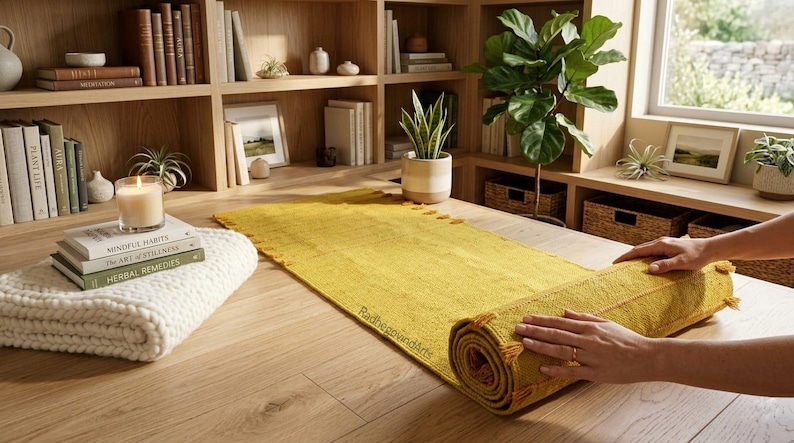 Puede incluir: Una alfombra de pasillo tejida de color amarillo mostaza se enrolla sobre una mesa de madera clara. La alfombra tiene una superficie texturizada y borlas decorativas. Una pila de libros, una vela y una manta blanca est&aacute;n sobre la mesa.