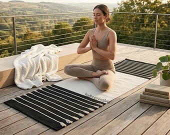 Esterilla de yoga de algodón orgánico, tejida a mano, natural, para meditación y ejercicio, antideslizante (60 x 180 cm).