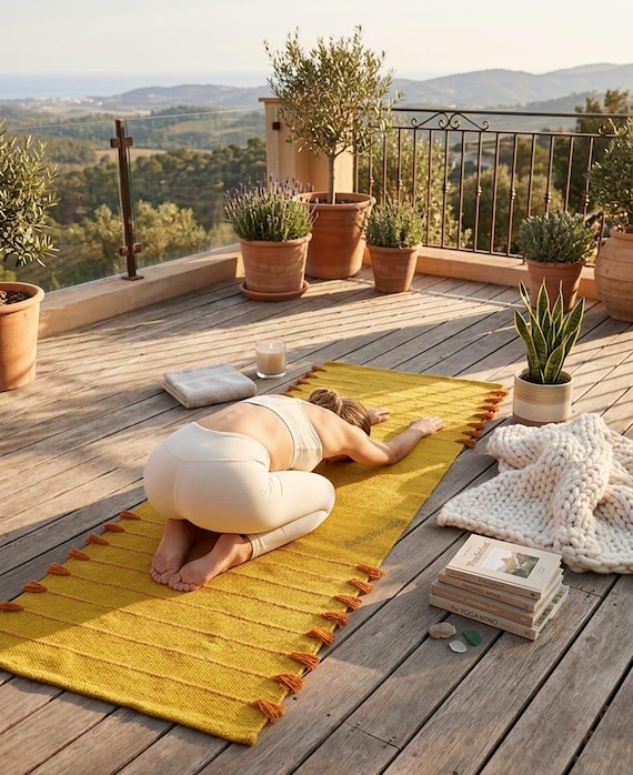 Handwoven Organic Cotton Yoga Mat – Yellow Herbal Infused, Anti-Slip, Meditation Fitness (2x6ft.)