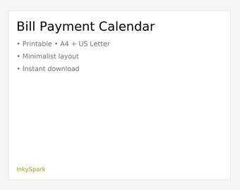 Bill Payment Calendar | Printable Monthly Bill Tracker | Budget Planner Insert | A4 & US Letter | Instant Download