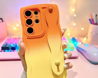 Gradient Wavy Samsung Galaxy Case S20 S21 S22 S23 S24 S25 S26 Ultra Plus, Wrist Strap Phone Case, Soft Silicone Protective Cover