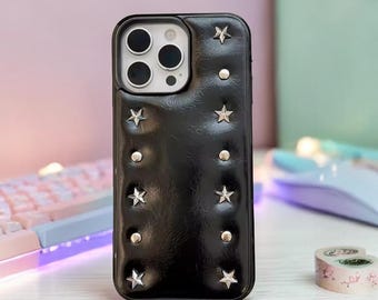 Star Stud iPhone Case Leather Style Phone Cover for iPhone 17 16 15 14 Pro Max Shockproof Edgy Aesthetic Rivet Design