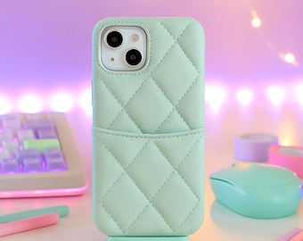 Quilted Leather Card Holder Phone Case Luxury Soft Cover with Pocket for iPhone 17 16 15 14 13 Series Elegant Protective Case