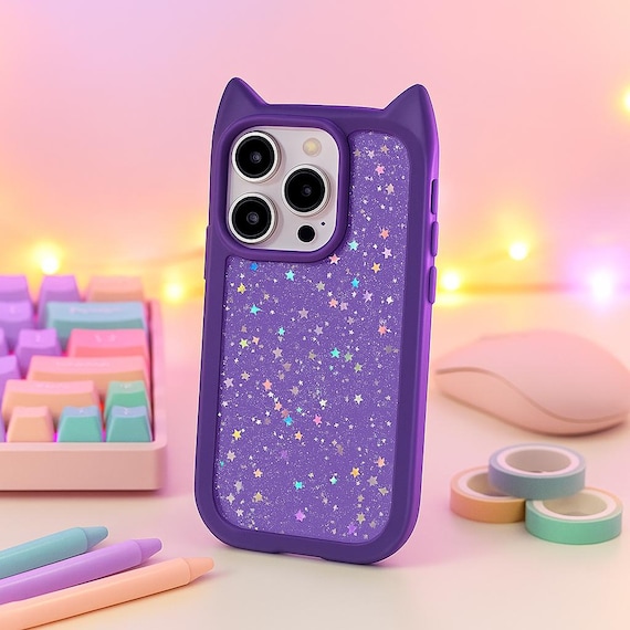 Glitter Cat Ear Phone Case Sparkly Star Design in Multiple Colours Cute Shockproof Silicone Cover for iPhone 17 16 15 14 13 12 11 Series Glitter Cat Ear Phone Case Sparkly Star Design in Multiple Colours Cute Shockproof Silicone Cover for iPhone 17 16 15 14 13 12 11 Series