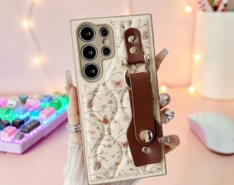 Floral Wrist Strap Samsung Galaxy Case S23 S24 S25 S26 Ultra Plus, Vintage Flower Phone Case, Protective Cover with Hand Strap, Gift for Her