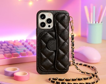 Crossbody Wallet Phone Case Card Holder Cover with Chain Strap for iPhone 17 16 15 14 13 Series Quilted Lanyard Design