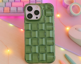 Green 3D Woven Texture Phone Case Soft Transparent Cube Design Stylish Shockproof Cover for iPhone 17 16 15 14 13 12 11 Series