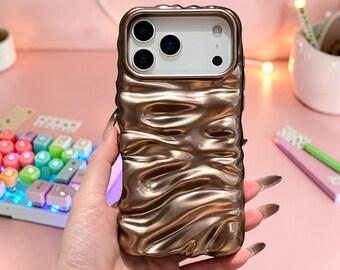 Wrinkle Wave iPhone Case for iPhone 14 15 16 17, Matte Metallic Protective Cover, Sculpted Ripple Phone Case