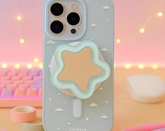 Cute Blue Star Grip Phone Case Soft Protective Cover with Pop-Out Stand for iPhone 17 16 15 14 13 Aesthetic Cloud Design Kawaii Case