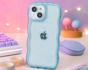 Funda protectora transparente Glitter Wave de TPU suave para iPhone series 17, 16, 15, 14, 13, 12 y 11. Diseño de estrella brillante.