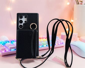 Samsung Galaxy Wallet Case with Crossbody Strap S22 S23 S24 S25, Card Holder Phone Case, Mirror Flip Cover, Crossbody Purse Case