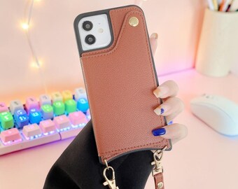 Crossbody Wallet Phone Case for iPhone 11 12 13 14 15 16, Card Holder Case with Mirror, Crossbody Strap Cover, PU Leather Phone Purse