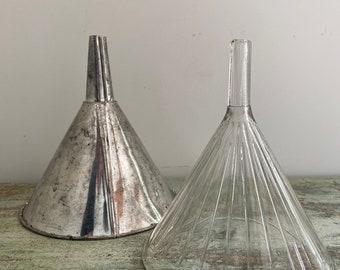 Vintage Funnel / tin funnel / glass funnel -set of 2 funnels