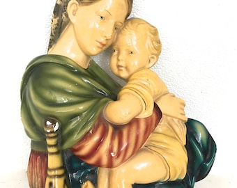 Large chalk ware religious plaque of the virgin Mary holding baby Jesus in her arms