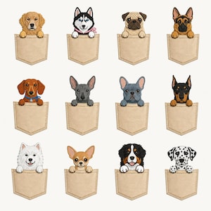 May include: A collection of twelve embroidered-style patches featuring various dog breeds, each peeking out from a tan fabric pocket. The dogs include a golden retriever, husky, pug, German shepherd, dachshund, greyhound, bulldog, Doberman, Samoyed, chihuahua, Bernese mountain dog, and a Dalmatian.