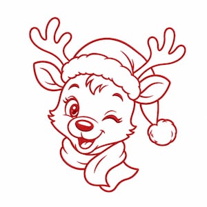 May include: A red line art embroidery design of a winking reindeer head wearing a Santa hat with a pom-pom and a scarf. The reindeer has large eyes, visible eyelashes, and antlers. The illustration is rendered in a single continuous red outline.