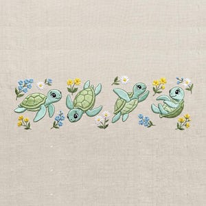May include: An embroidery design on light beige fabric featuring four light green sea turtles in various swimming poses, surrounded by small embroidered flowers in shades of yellow, white, and blue, arranged in a horizontal pattern.