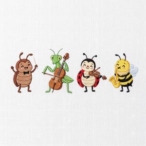 May include: An embroidery design featuring four cartoon insects playing music. A brown beetle conducts, a green praying mantis plays a cello, a red ladybug plays a violin, and a yellow and black striped bee plays a gold saxophone.
