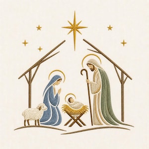 May include: An embroidery design of a nativity scene featuring a central star, a stable structure, a kneeling figure in a blue robe, a standing figure in a green robe holding a staff, a baby in a manger, and a white sheep on a cream background.